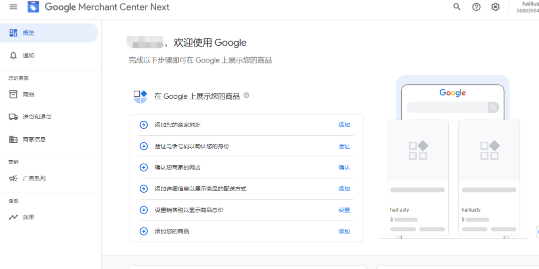 Google Merchant Center 界面